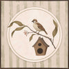 A little bird perched on a branch beside a birdhouse within a soft striped frame of greens and browns, from the Little Tails Collection by Urban Road.