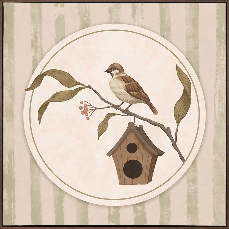 A little bird perched on a branch beside a birdhouse within a soft striped frame of greens and browns, from the Little Tails Collection by Urban Road.