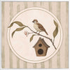 A little bird perched on a branch beside a birdhouse within a soft striped frame of greens and browns, from the Little Tails Collection by Urban Road.
