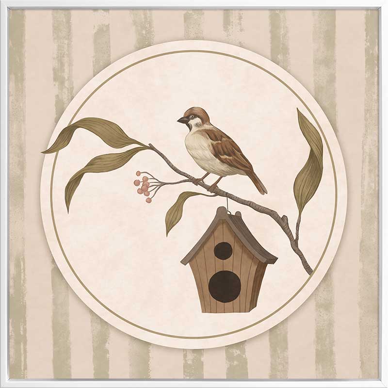 A little bird perched on a branch beside a birdhouse within a soft striped frame of greens and browns, from the Little Tails Collection by Urban Road.