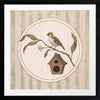 A little bird perched on a branch beside a birdhouse within a soft striped frame of greens and browns, from the Little Tails Collection by Urban Road.