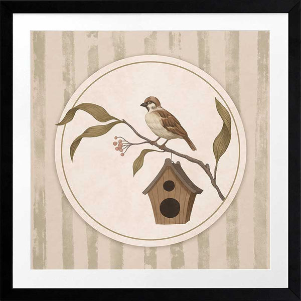 A little bird perched on a branch beside a birdhouse within a soft striped frame of greens and browns, from the Little Tails Collection by Urban Road.