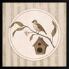 A little bird perched on a branch beside a birdhouse within a soft striped frame of greens and browns, from the Little Tails Collection by Urban Road.