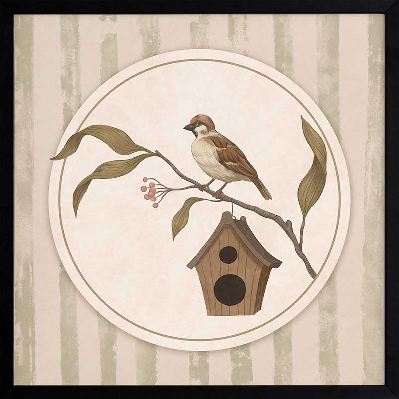 A little bird perched on a branch beside a birdhouse within a soft striped frame of greens and browns, from the Little Tails Collection by Urban Road.