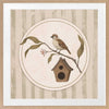 A little bird perched on a branch beside a birdhouse within a soft striped frame of greens and browns, from the Little Tails Collection by Urban Road.