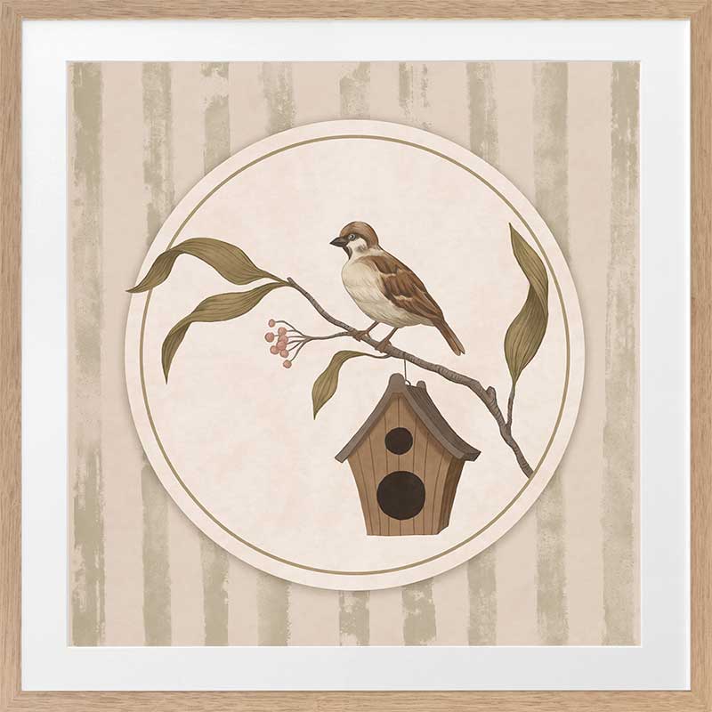 A little bird perched on a branch beside a birdhouse within a soft striped frame of greens and browns, from the Little Tails Collection by Urban Road.