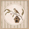 A little bird perched on a branch beside a birdhouse within a soft striped frame of greens and browns, from the Little Tails Collection by Urban Road.