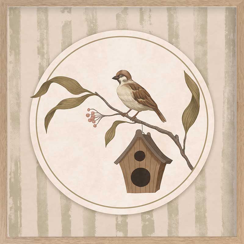 A little bird perched on a branch beside a birdhouse within a soft striped frame of greens and browns, from the Little Tails Collection by Urban Road.
