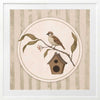 A little bird perched on a branch beside a birdhouse within a soft striped frame of greens and browns, from the Little Tails Collection by Urban Road.