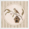 A little bird perched on a branch beside a birdhouse within a soft striped frame of greens and browns, from the Little Tails Collection by Urban Road.