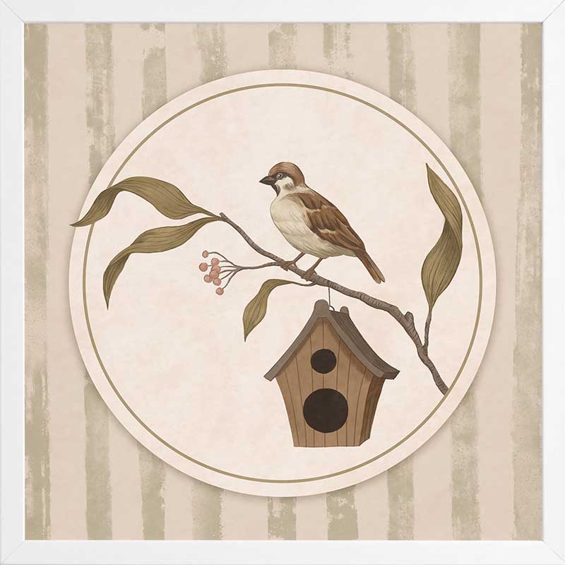 A little bird perched on a branch beside a birdhouse within a soft striped frame of greens and browns, from the Little Tails Collection by Urban Road.
