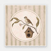 A little bird perched on a branch beside a birdhouse within a soft striped frame of greens and browns, from the Little Tails Collection by Urban Road.