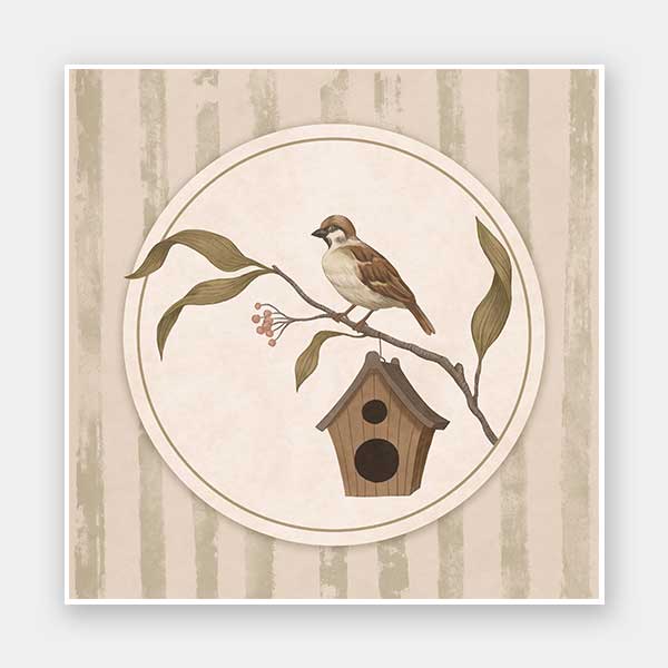 A little bird perched on a branch beside a birdhouse within a soft striped frame of greens and browns, from the Little Tails Collection by Urban Road.