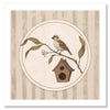 A little bird perched on a branch beside a birdhouse within a soft striped frame of greens and browns, from the Little Tails Collection by Urban Road.