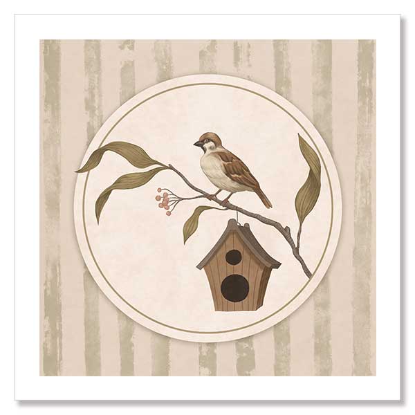 A little bird perched on a branch beside a birdhouse within a soft striped frame of greens and browns, from the Little Tails Collection by Urban Road.