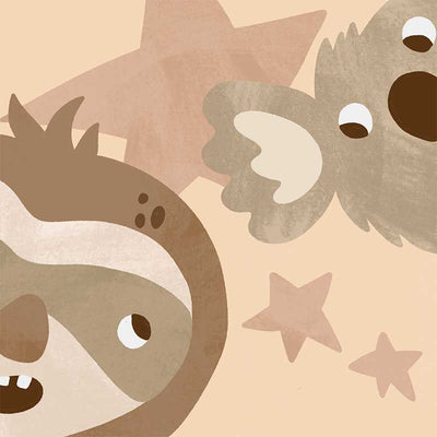 Close-up of a sloth and koala with twinkling stars, celebrating cosy friendship in soft neutral greens, from the Little Tails Collection by Urban Road.