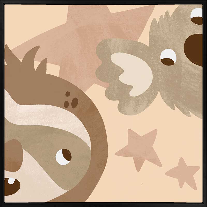 Close-up of a sloth and koala with twinkling stars, celebrating cosy friendship in soft neutral greens, from the Little Tails Collection by Urban Road.