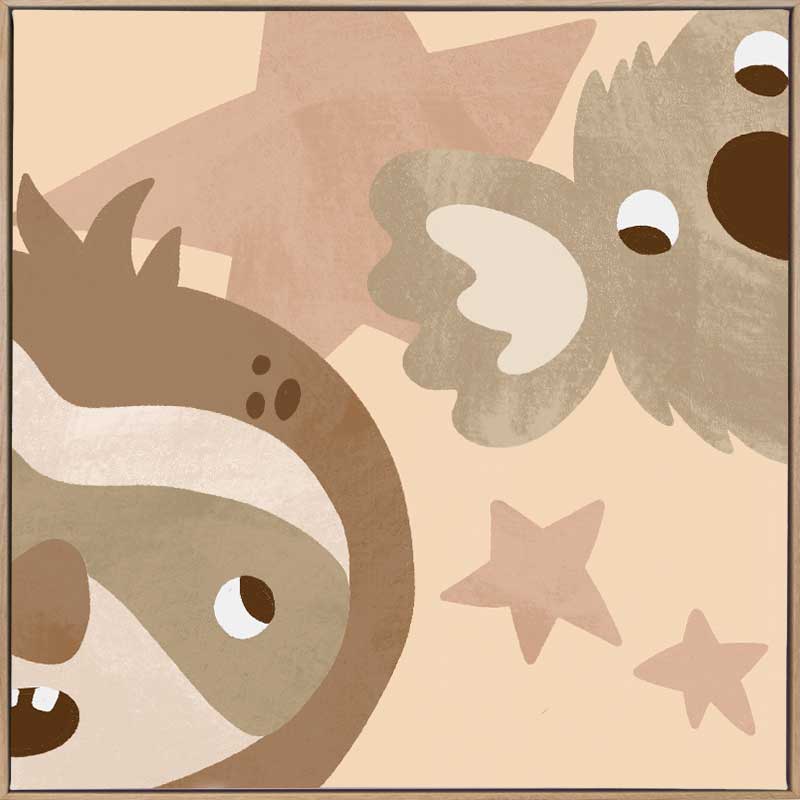 Close-up of a sloth and koala with twinkling stars, celebrating cosy friendship in soft neutral greens, from the Little Tails Collection by Urban Road.