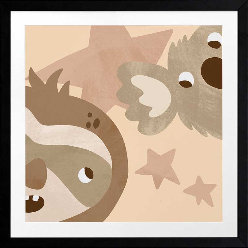 Close-up of a sloth and koala with twinkling stars, celebrating cosy friendship in soft neutral greens, from the Little Tails Collection by Urban Road.