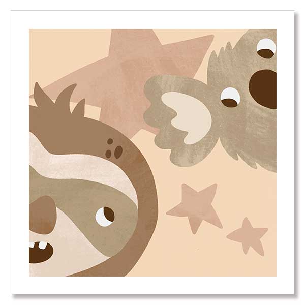Close-up of a sloth and koala with twinkling stars, celebrating cosy friendship in soft neutral greens, from the Little Tails Collection by Urban Road.