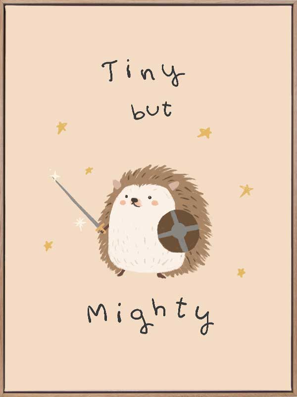 A tiny hedgehog holding a little sword and shield with scattered stars and the phrase “tiny but mighty” in warm neutral browns, from the Little Tails Collection by Urban Road.