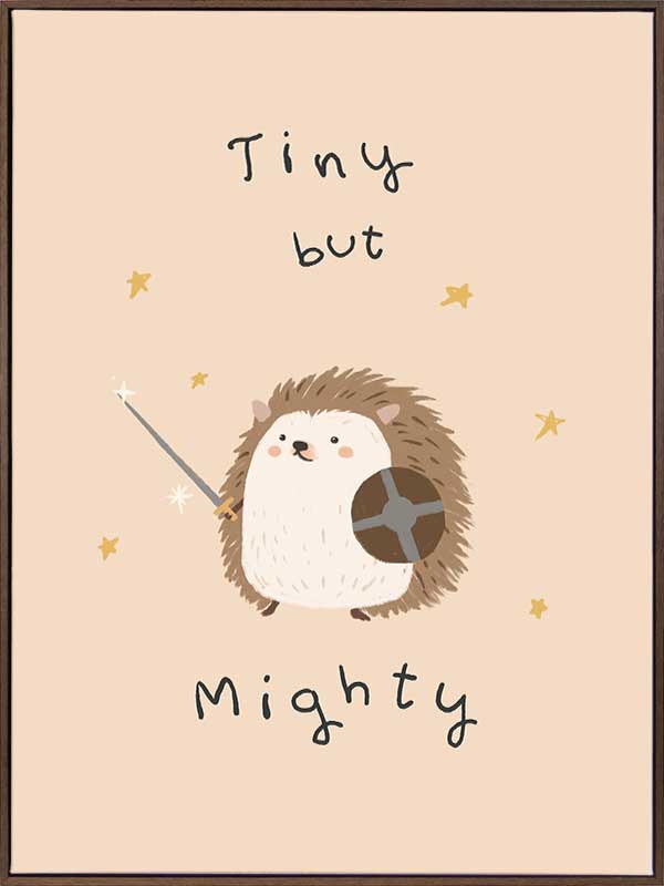 A tiny hedgehog holding a little sword and shield with scattered stars and the phrase “tiny but mighty” in warm neutral browns, from the Little Tails Collection by Urban Road.
