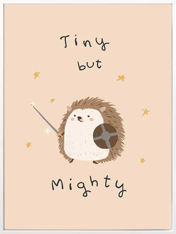 A tiny hedgehog holding a little sword and shield with scattered stars and the phrase “tiny but mighty” in warm neutral browns, from the Little Tails Collection by Urban Road.