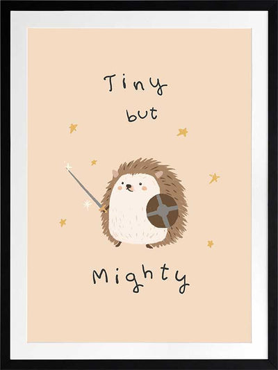 A tiny hedgehog holding a little sword and shield with scattered stars and the phrase “tiny but mighty” in warm neutral browns, from the Little Tails Collection by Urban Road.