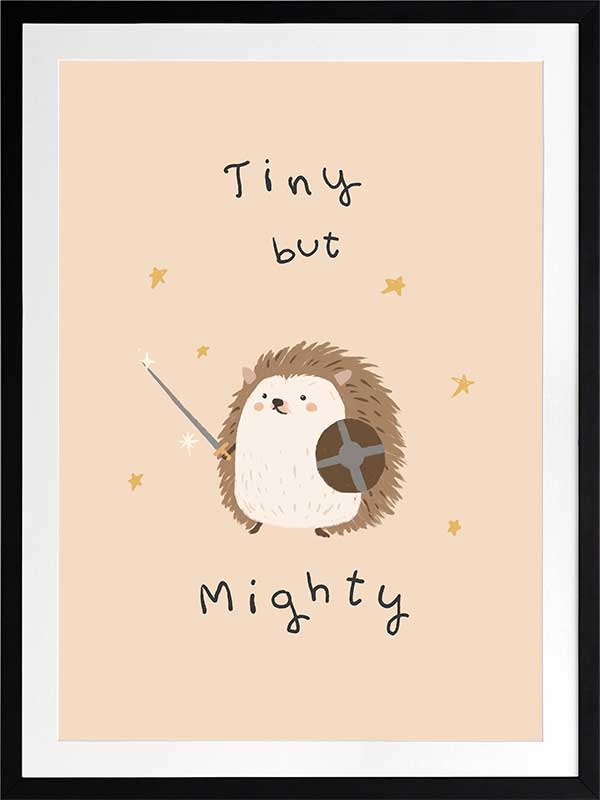 A tiny hedgehog holding a little sword and shield with scattered stars and the phrase “tiny but mighty” in warm neutral browns, from the Little Tails Collection by Urban Road.