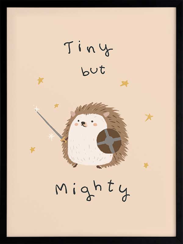 A tiny hedgehog holding a little sword and shield with scattered stars and the phrase “tiny but mighty” in warm neutral browns, from the Little Tails Collection by Urban Road.
