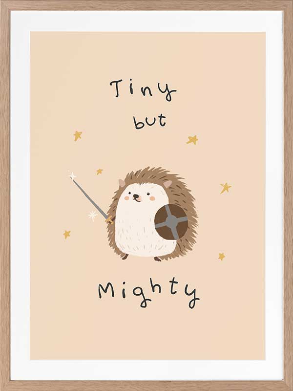 A tiny hedgehog holding a little sword and shield with scattered stars and the phrase “tiny but mighty” in warm neutral browns, from the Little Tails Collection by Urban Road.