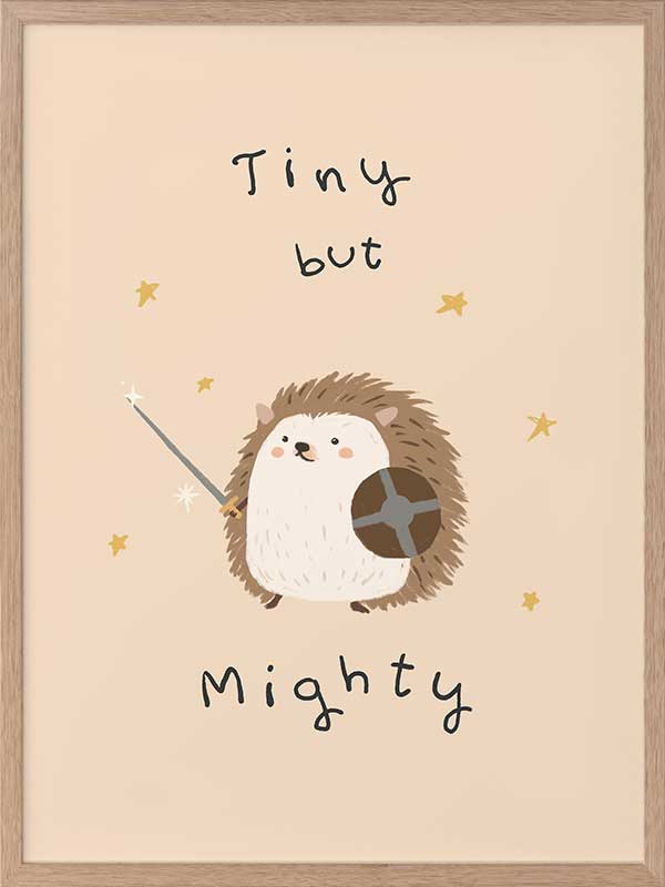 A tiny hedgehog holding a little sword and shield with scattered stars and the phrase “tiny but mighty” in warm neutral browns, from the Little Tails Collection by Urban Road.