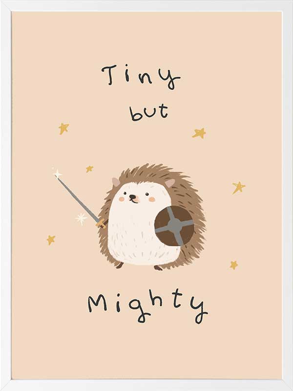 A tiny hedgehog holding a little sword and shield with scattered stars and the phrase “tiny but mighty” in warm neutral browns, from the Little Tails Collection by Urban Road.