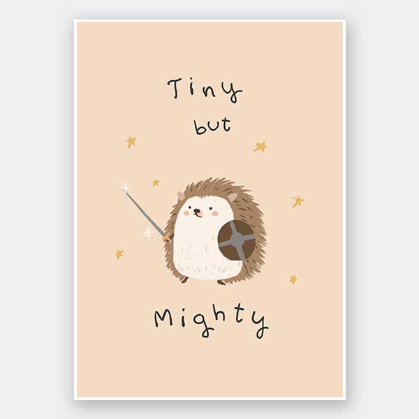 A tiny hedgehog holding a little sword and shield with scattered stars and the phrase “tiny but mighty” in warm neutral browns, from the Little Tails Collection by Urban Road.