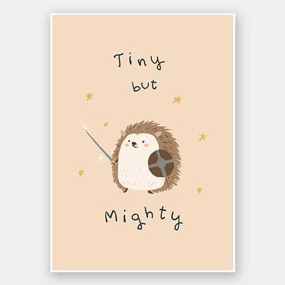 A tiny hedgehog holding a little sword and shield with scattered stars and the phrase “tiny but mighty” in warm neutral browns, from the Little Tails Collection by Urban Road.