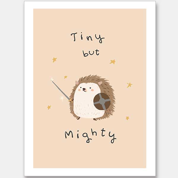 A tiny hedgehog holding a little sword and shield with scattered stars and the phrase “tiny but mighty” in warm neutral browns, from the Little Tails Collection by Urban Road.