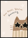 A friendly cat wearing star-shaped sunglasses with the hand-lettered message “fur real, you’re amazing” and small stars, in soft neutral browns, from the Little Tails Collection by Urban Road.