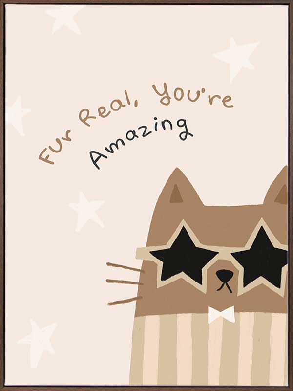 A friendly cat wearing star-shaped sunglasses with the hand-lettered message “fur real, you’re amazing” and small stars, in soft neutral browns, from the Little Tails Collection by Urban Road.