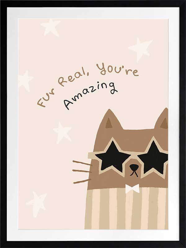 A friendly cat wearing star-shaped sunglasses with the hand-lettered message “fur real, you’re amazing” and small stars, in soft neutral browns, from the Little Tails Collection by Urban Road.