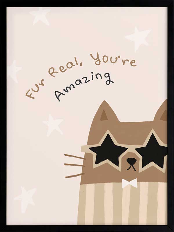 A friendly cat wearing star-shaped sunglasses with the hand-lettered message “fur real, you’re amazing” and small stars, in soft neutral browns, from the Little Tails Collection by Urban Road.