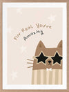 A friendly cat wearing star-shaped sunglasses with the hand-lettered message “fur real, you’re amazing” and small stars, in soft neutral browns, from the Little Tails Collection by Urban Road.