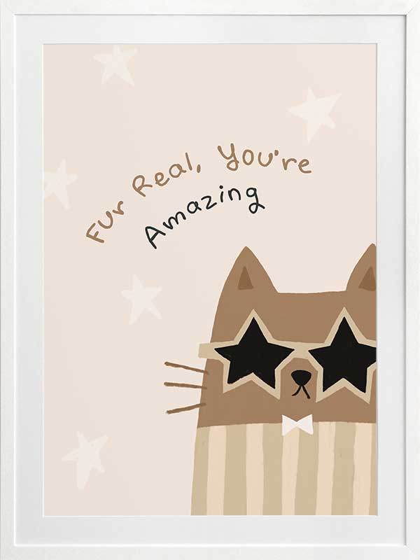 A friendly cat wearing star-shaped sunglasses with the hand-lettered message “fur real, you’re amazing” and small stars, in soft neutral browns, from the Little Tails Collection by Urban Road.