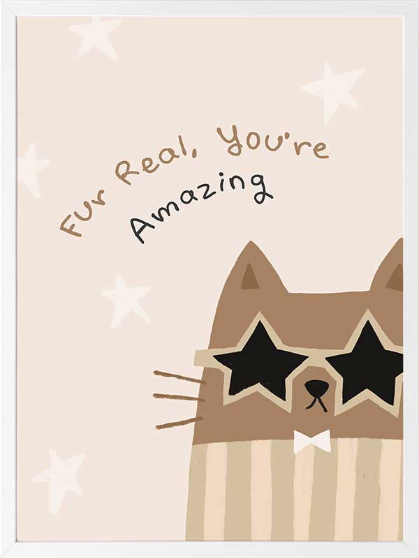A friendly cat wearing star-shaped sunglasses with the hand-lettered message “fur real, you’re amazing” and small stars, in soft neutral browns, from the Little Tails Collection by Urban Road.