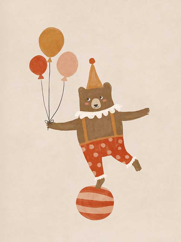 A cheerful bear in circus attire balancing on a ball and holding balloons in neutral and red tones, from the Little Tails Collection by Urban Road.