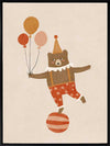 A cheerful bear in circus attire balancing on a ball and holding balloons in neutral and red tones, from the Little Tails Collection by Urban Road.