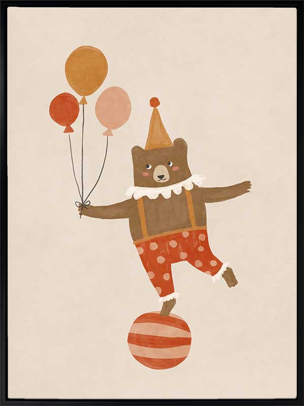 A cheerful bear in circus attire balancing on a ball and holding balloons in neutral and red tones, from the Little Tails Collection by Urban Road.