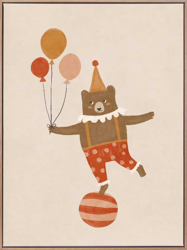 A cheerful bear in circus attire balancing on a ball and holding balloons in neutral and red tones, from the Little Tails Collection by Urban Road.