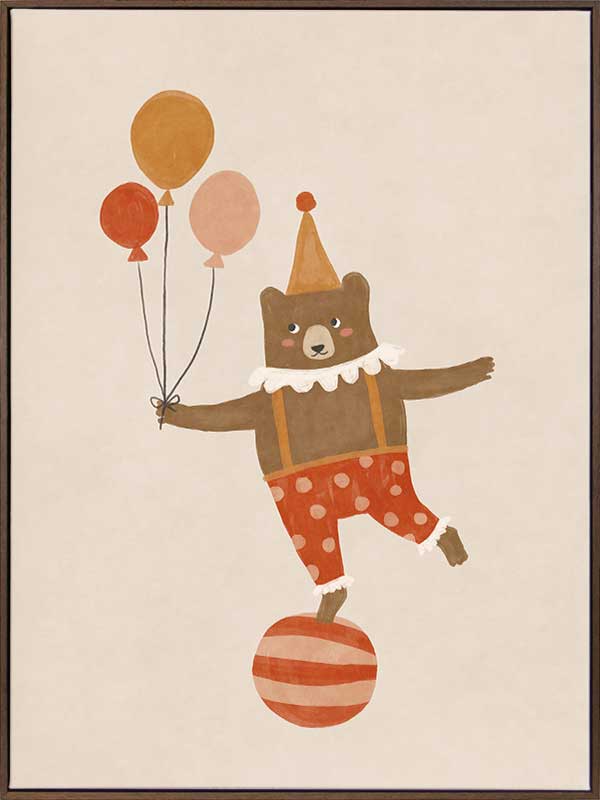 A cheerful bear in circus attire balancing on a ball and holding balloons in neutral and red tones, from the Little Tails Collection by Urban Road.