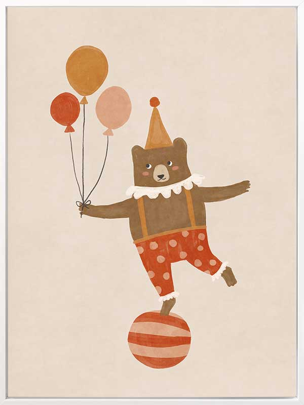 A cheerful bear in circus attire balancing on a ball and holding balloons in neutral and red tones, from the Little Tails Collection by Urban Road.