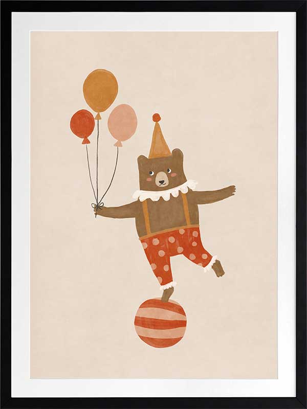 A cheerful bear in circus attire balancing on a ball and holding balloons in neutral and red tones, from the Little Tails Collection by Urban Road.